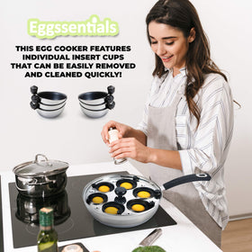 Eggssentials bottom image emphasizes induction-ready design and fast, even heating.
