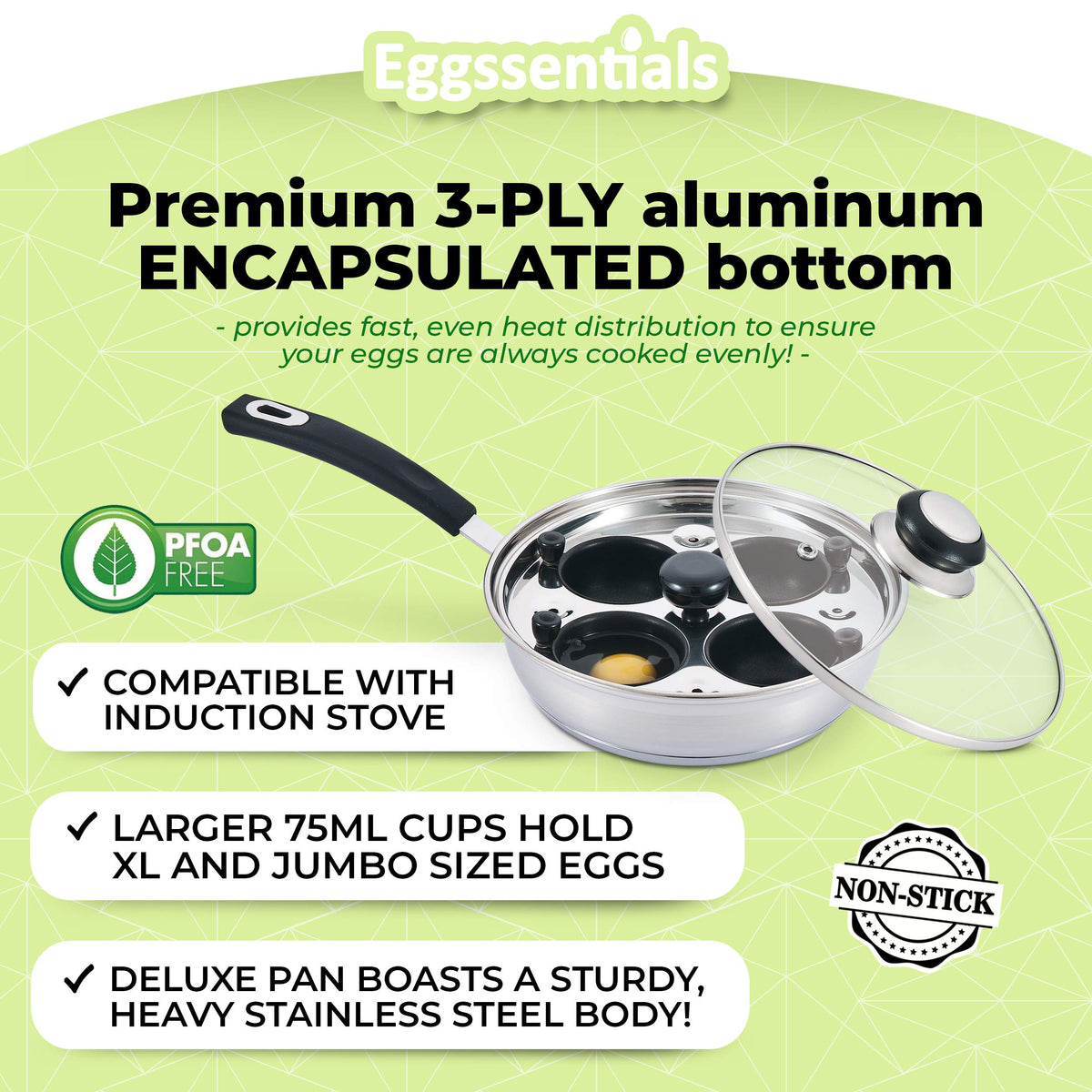 Eggssentials cool-touch handle stays comfortable during cooking.