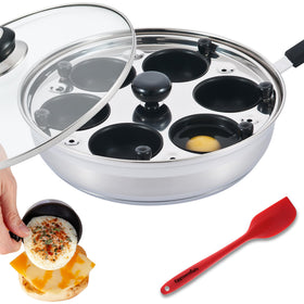 Eggssentials egg poacher pan overview demonstrates capacity for six XL eggs.