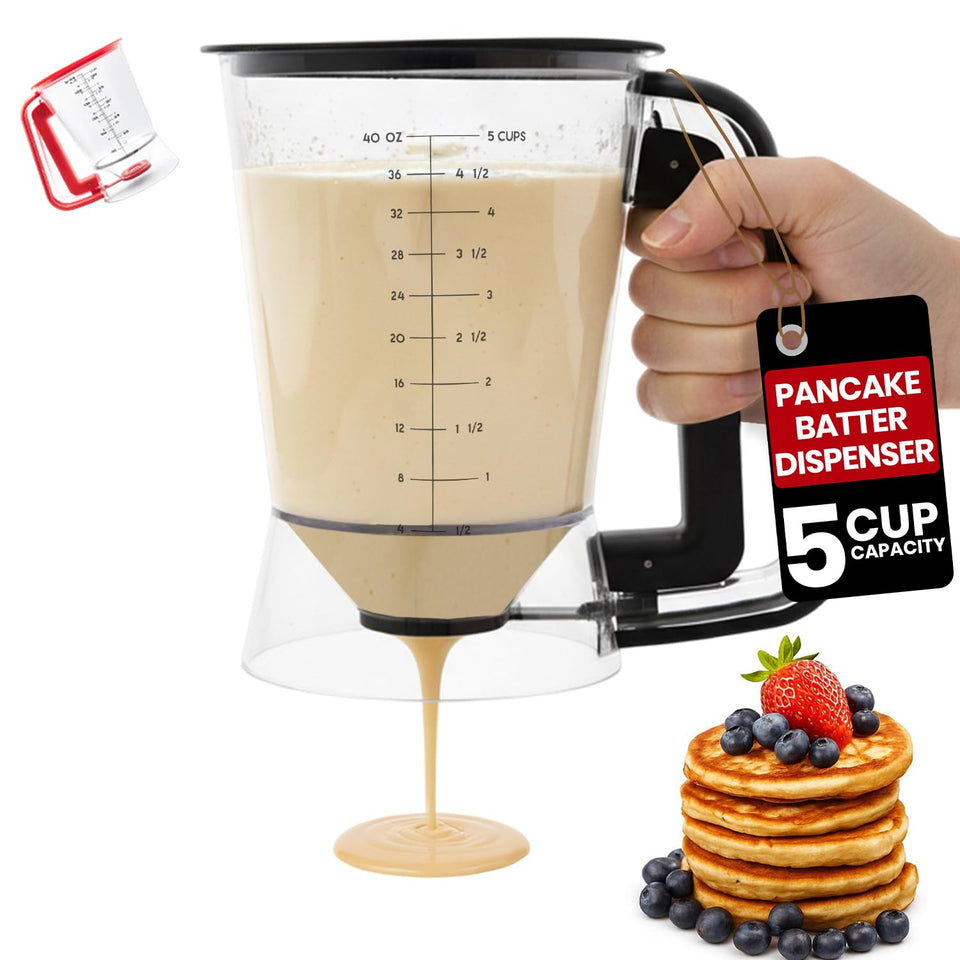 Eggssentials pancake batter dispenser front view for mess-free pouring and consistent batches.