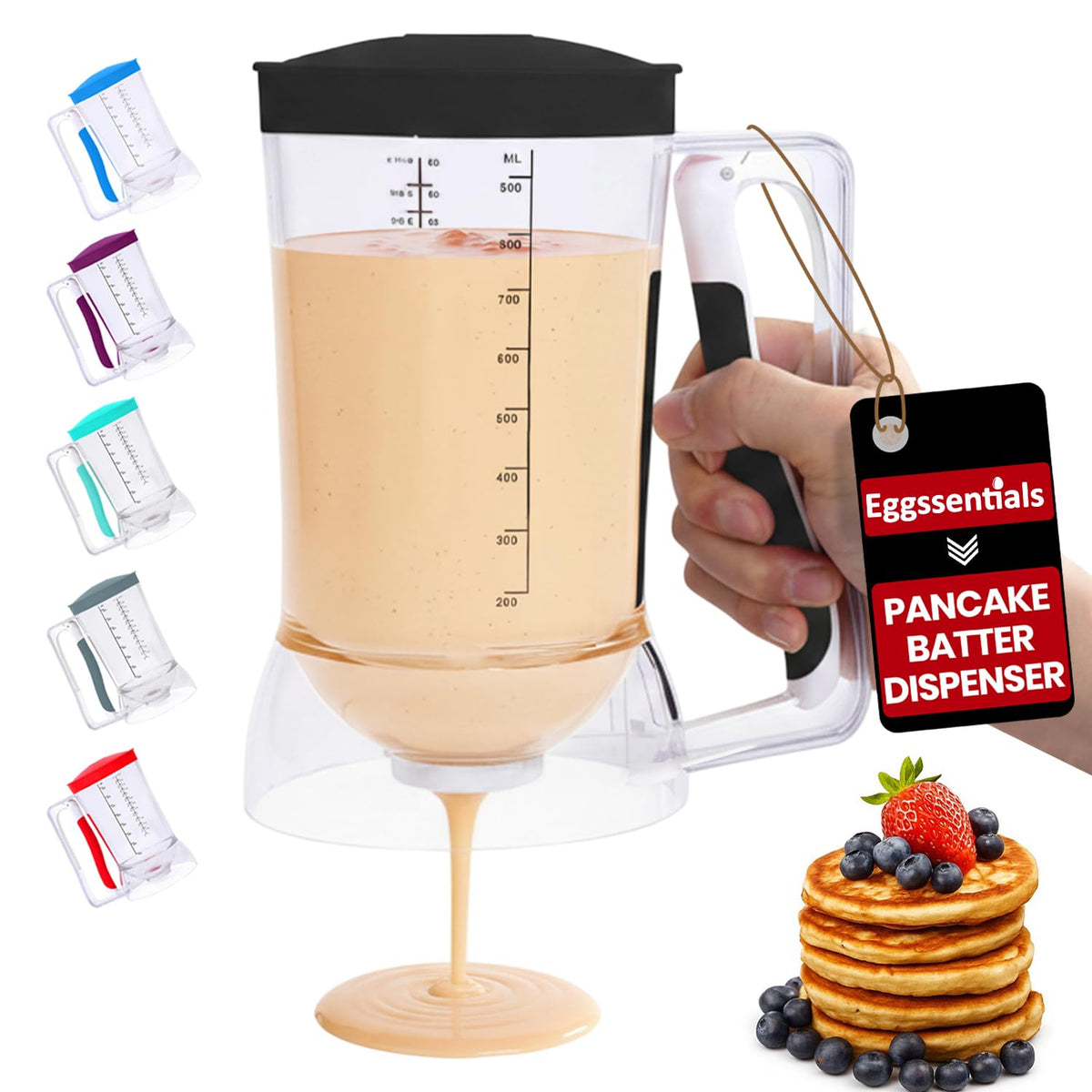 Eggssentials pancake batter dispenser with a precise non-drip spout for mess-free pouring.