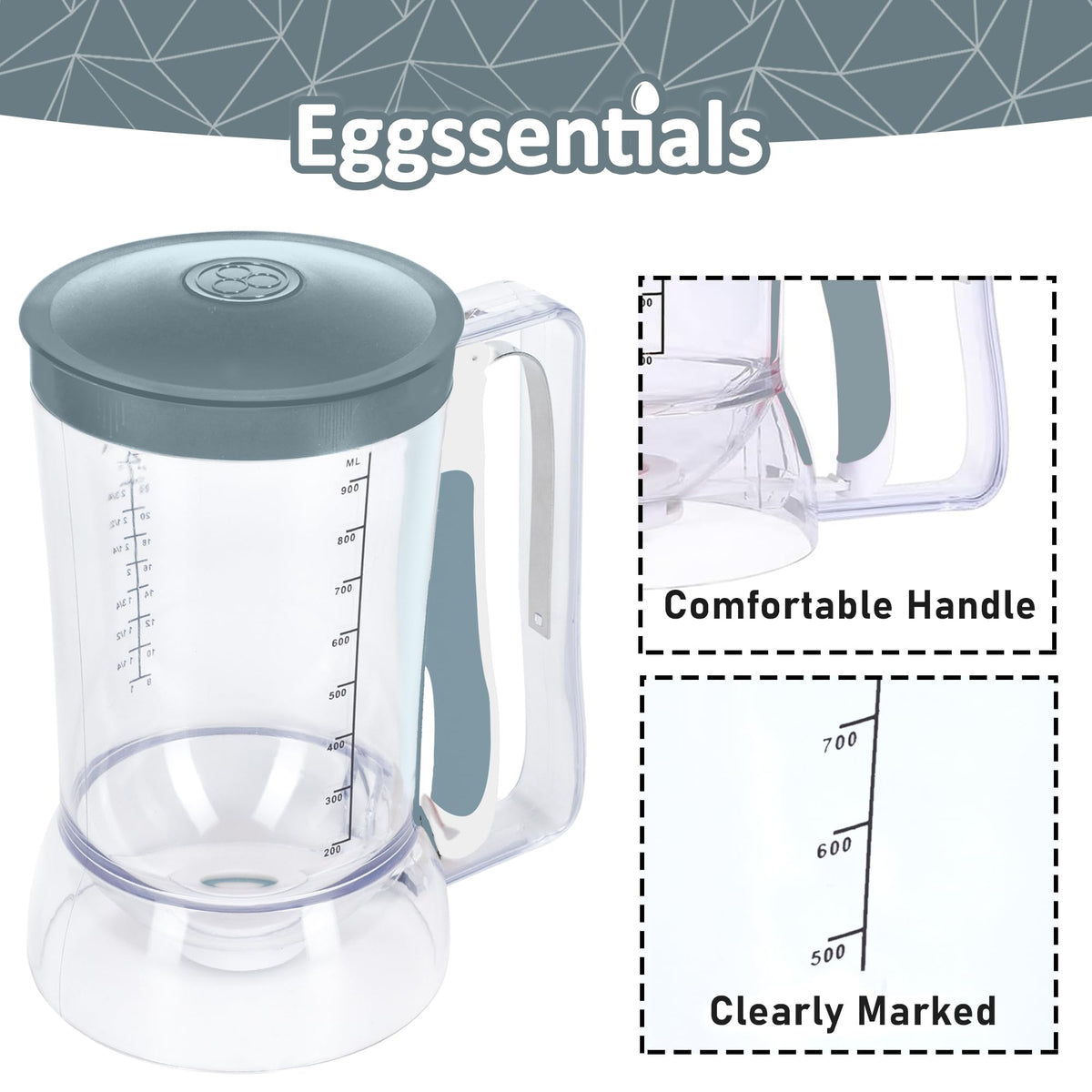 Eggssentials pancake dispenser in action demonstrates drip-free batter pouring.