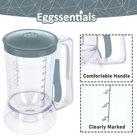 Eggssentials pancake dispenser in action demonstrates drip-free batter pouring.