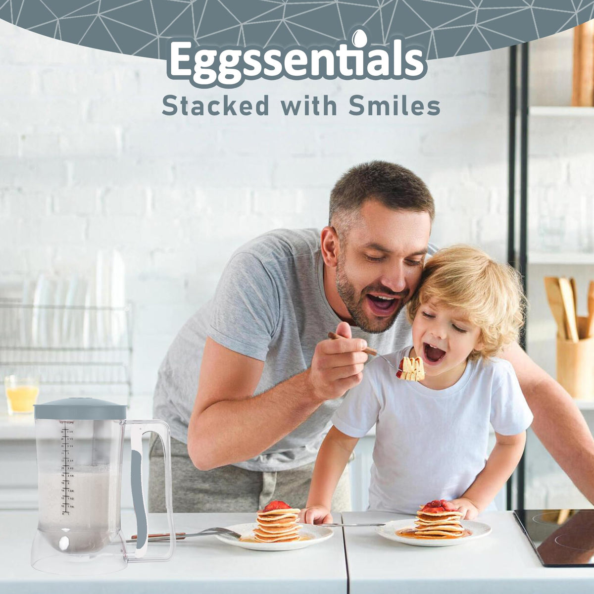 Eggssentials pancake dispenser grey side view highlights ergonomic handle for one-handed pouring.