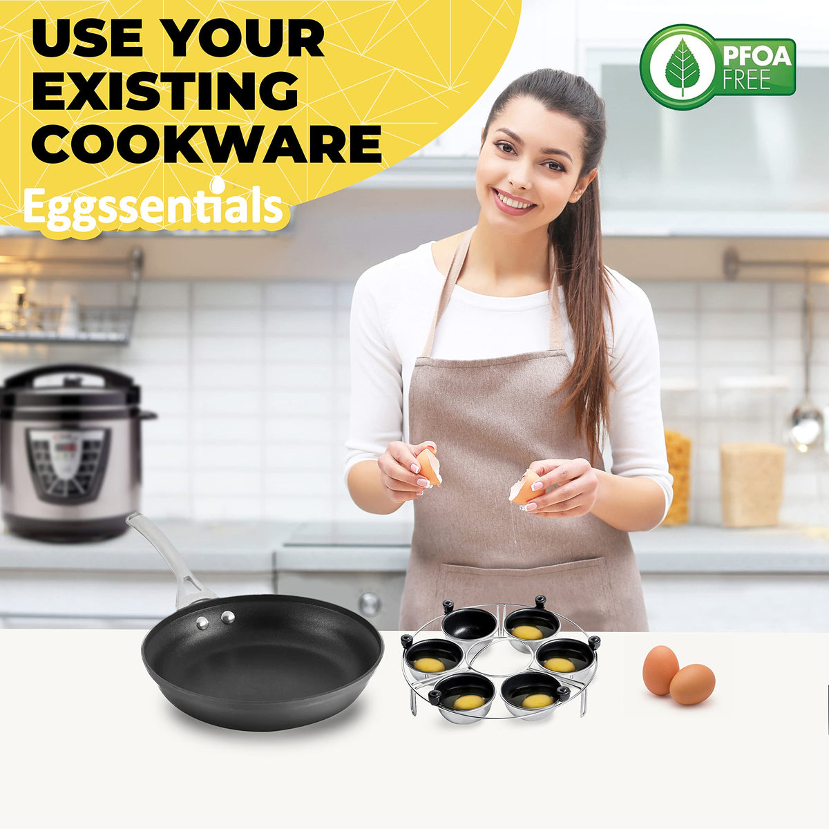Eggssentials poacher cups with 75ml capacity cook six eggs without spills.