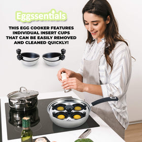 Eggssentials stainless steel poacher body for even heat across stoves.