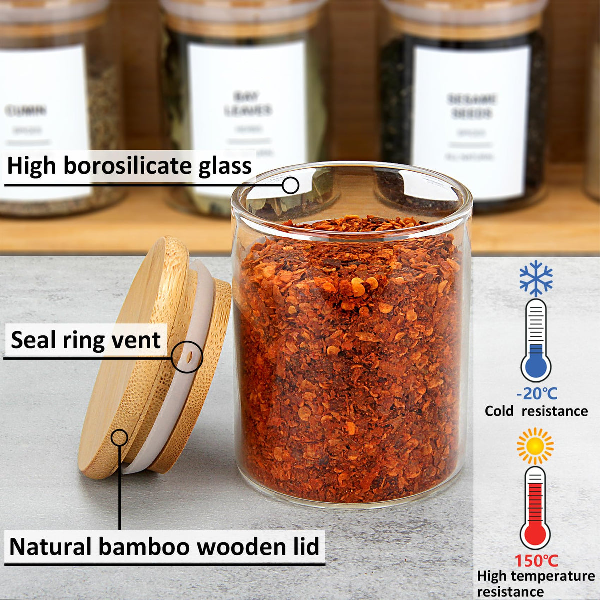EgticHome glass jars store spices, coffee, tea, and snacks.