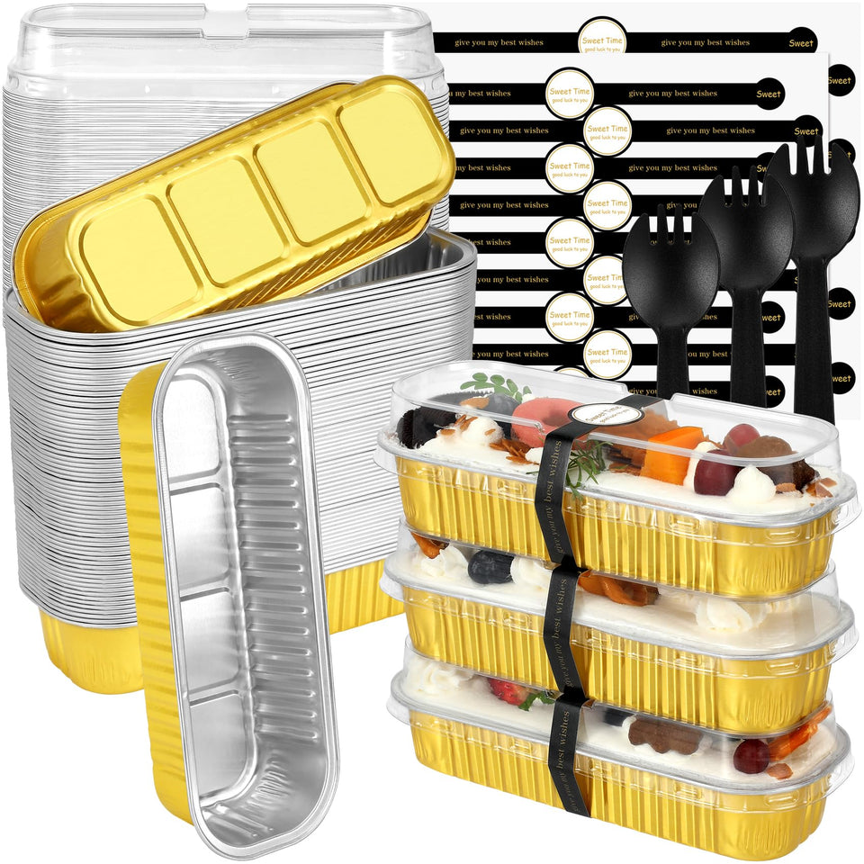 EgticHome mini loaf pans 100-pack with gold finish for batch desserts.