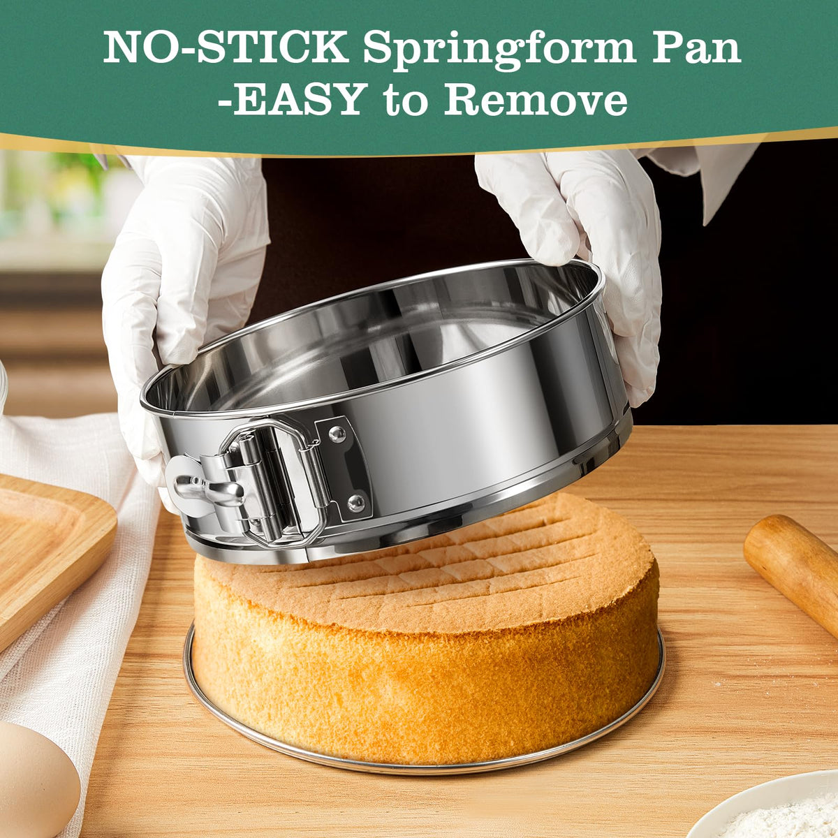 E-Gtong springform pan on kitchen counter ready for caramel and tart recipes.
