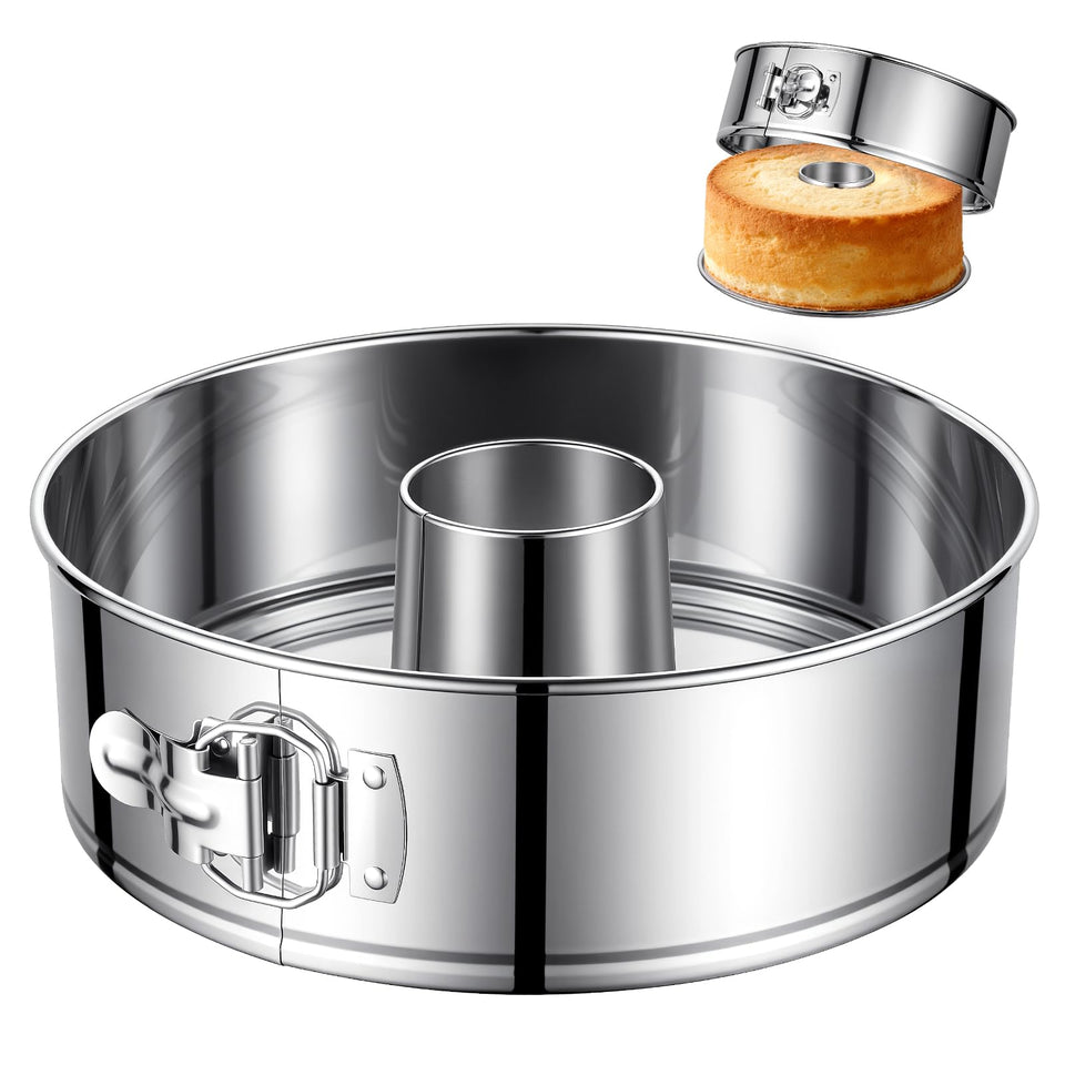 E-Gtong angel food pan with removable bottom for easy release and clean edges.