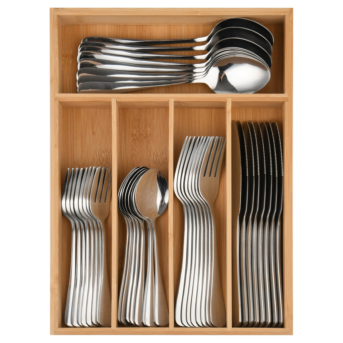 ehmeehme 40-piece silverware set shown with a bamboo drawer organizer for neat storage and quick access.
