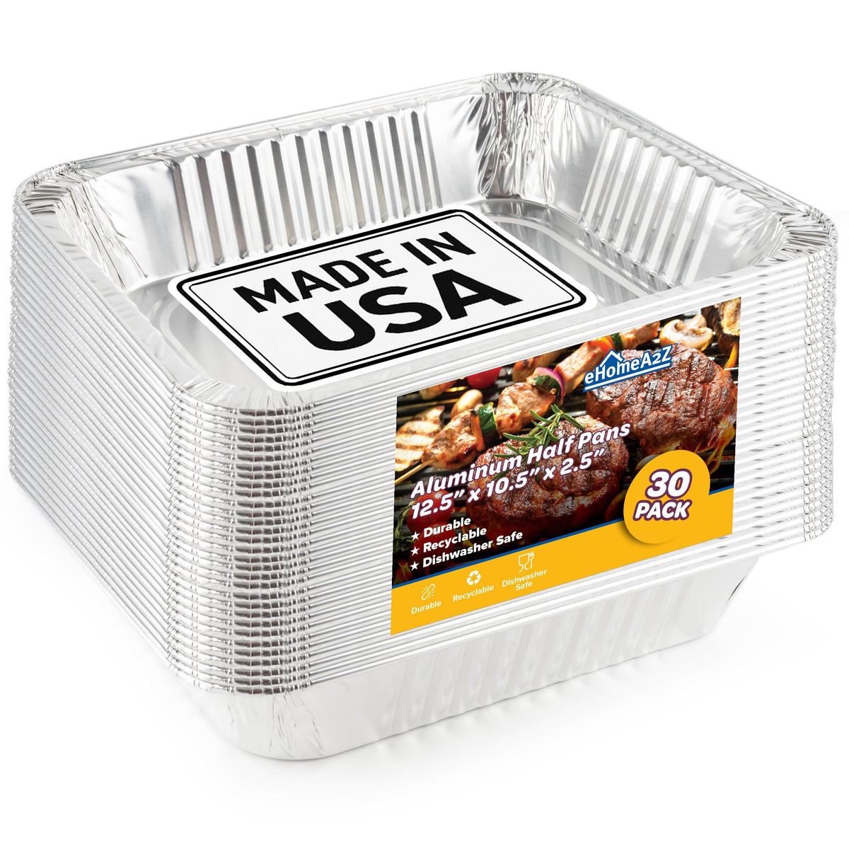 EHOMEA2Z 9x13 disposable aluminum pans pack for convenient catering setups and servings.