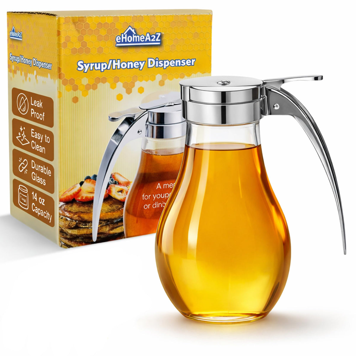 EHOMEA2Z glass honey dispenser with metal top for table use and mess-free pouring