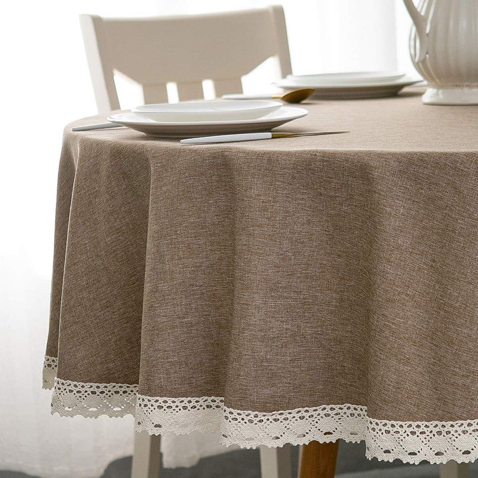 EHouseHome faux linen tablecloth with lace trim on round 70-inch table, elegant centerpiece.