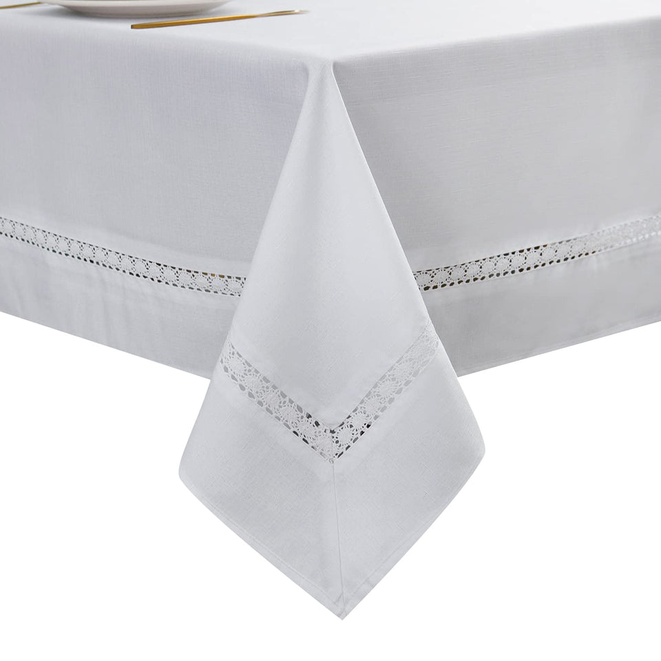 EHouseHome heavy-duty tablecloth with white lace protects tables from spills.