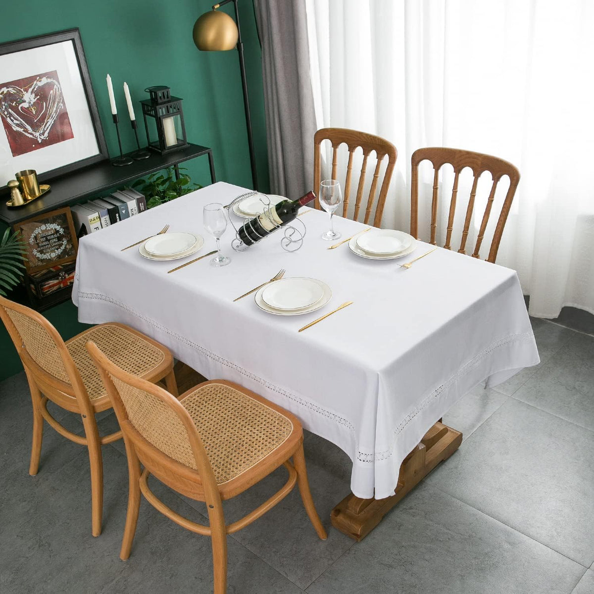 EHouseHome waterproof faux linen tablecloth protecting a table during outdoor dining