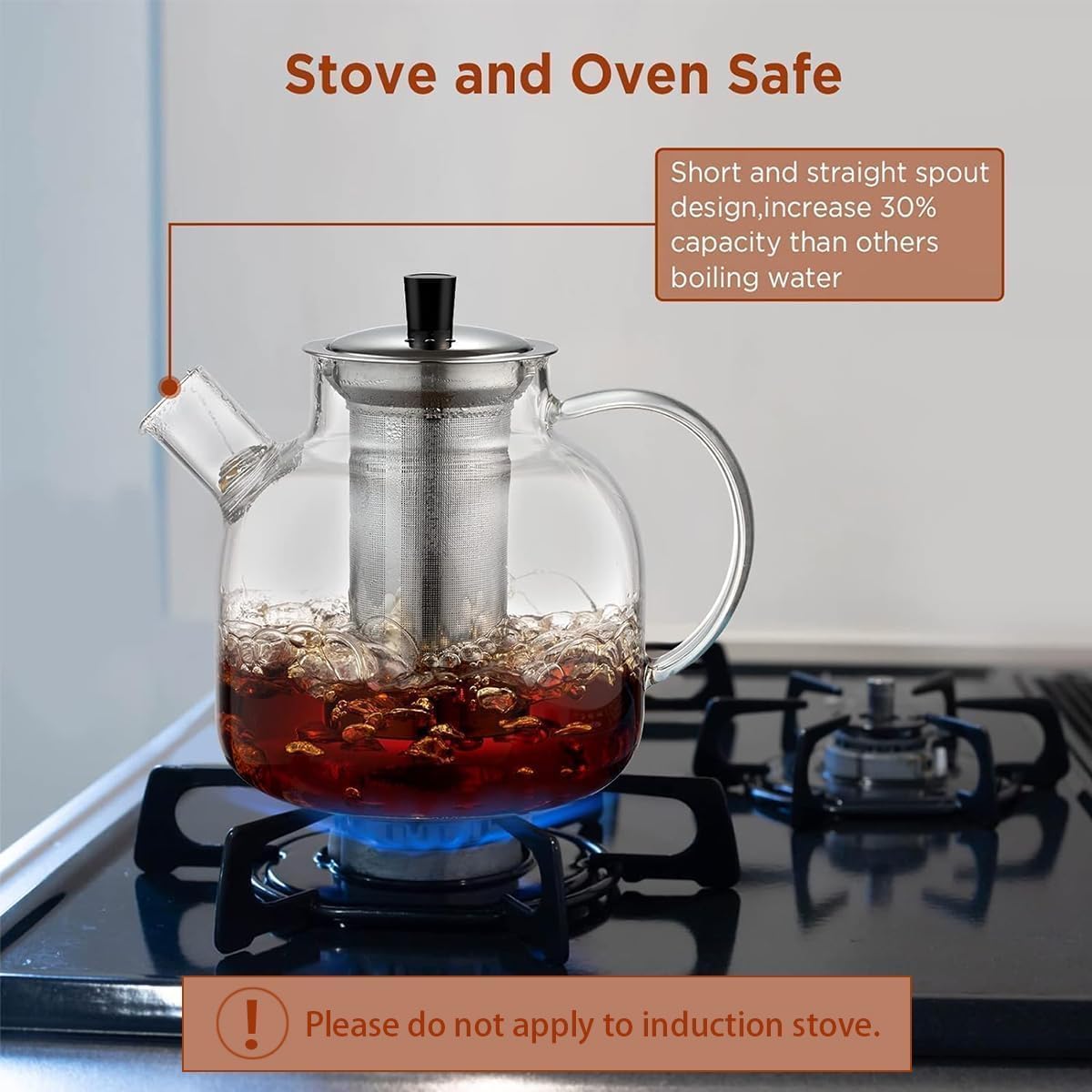 Ehugos glass teapot with 304 stainless infuser for loose leaf and teabags.