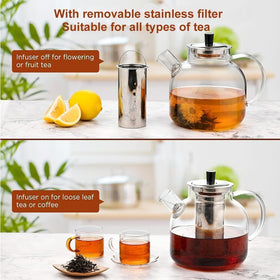 Ehugos glass teapot blooming-tea-display shows flowers unfurling in hot water.
