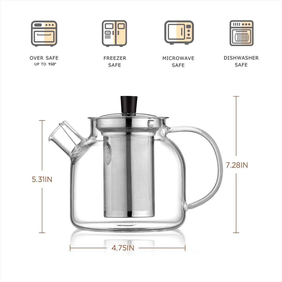 Ehugos glass teapot ergonomic handle provides comfortable serving.