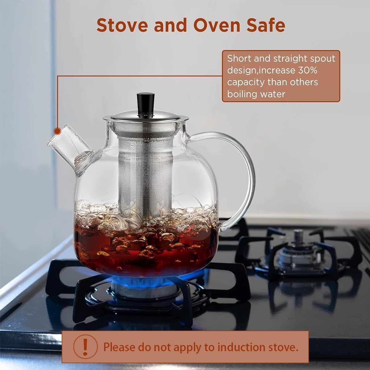 Ehugos glass teapot is microwave-safe for quick warming.