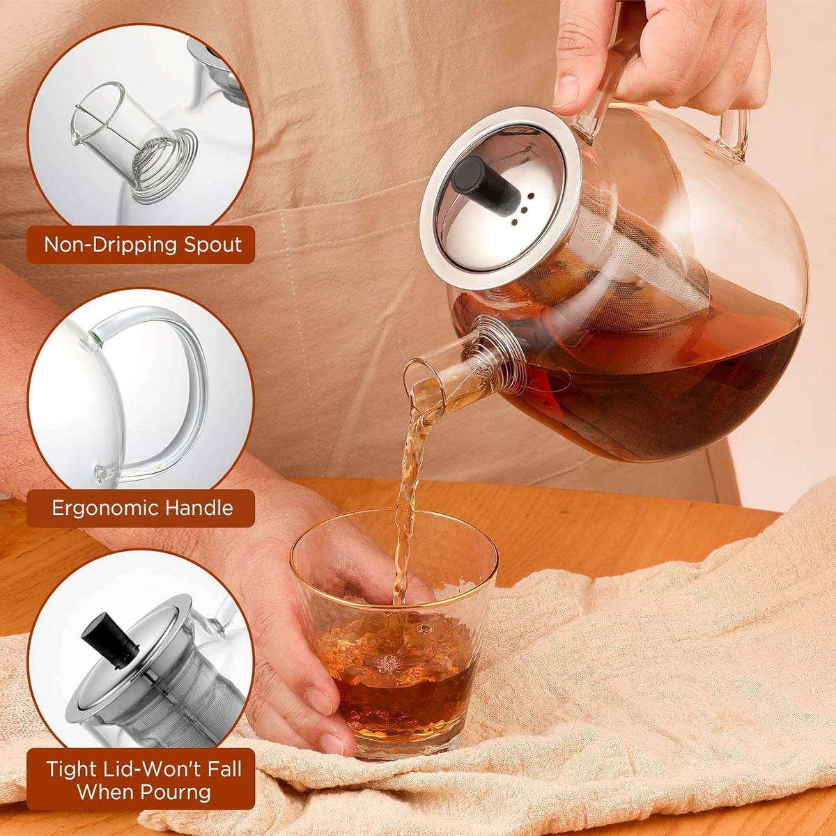 Close-up of Ehugos removable infuser for precise loose-leaf brewing.