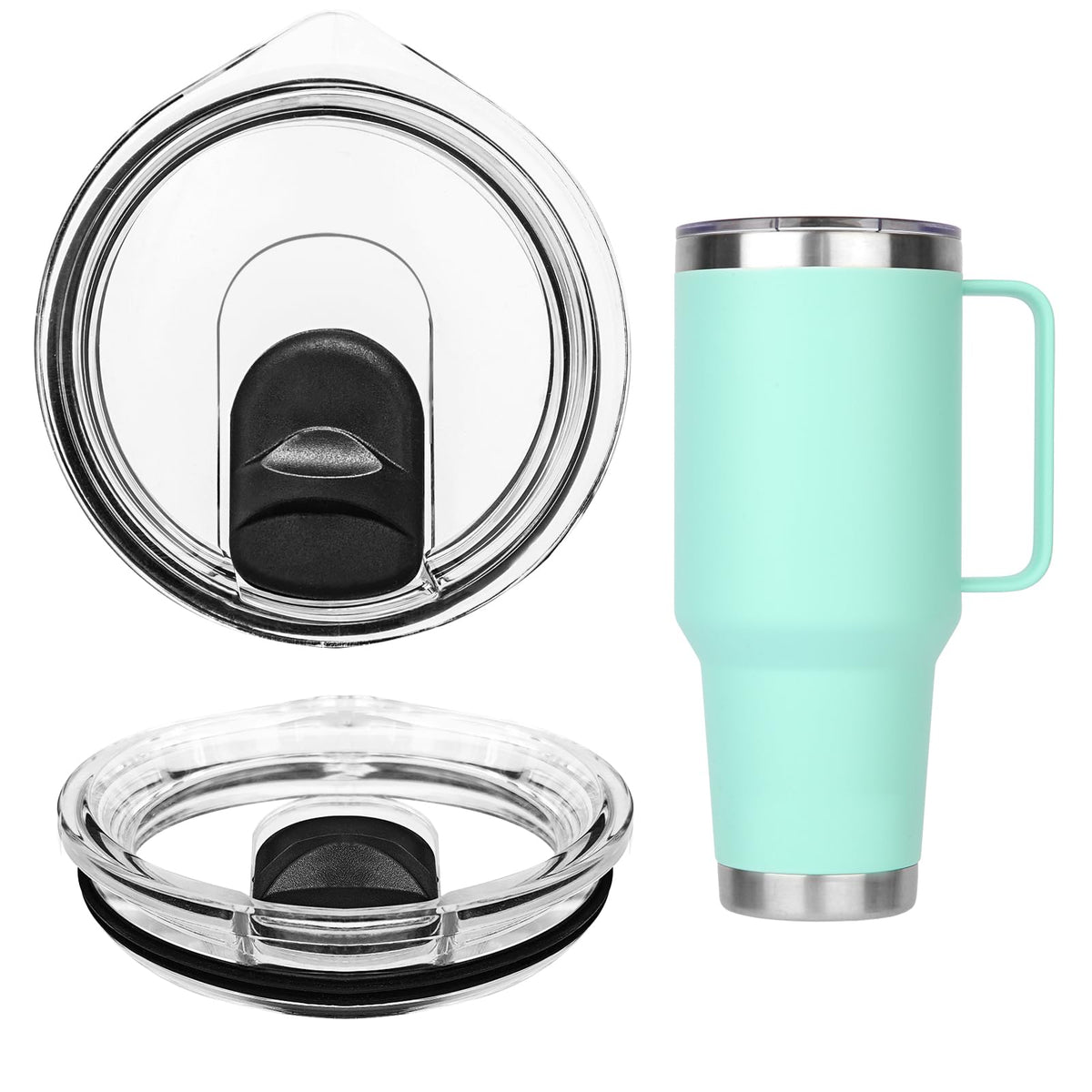 Ehzyaz two-pack tumbler lids with magnetic slider for spill prevention.