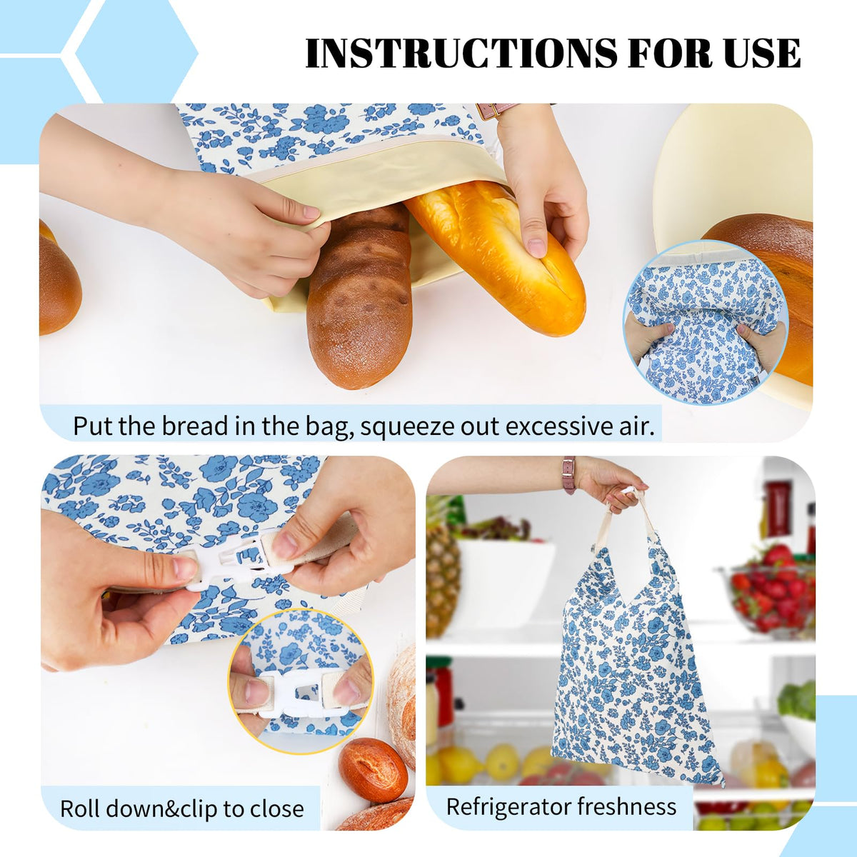 Closeup of cotton outer on EHZYP blue floral beeswax bread bag