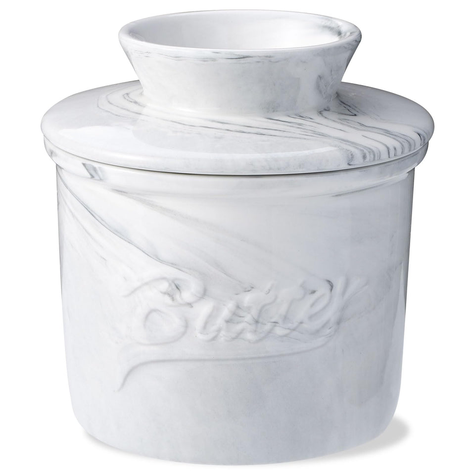 Eichzer marble-pattern butter crock on the counter keeps butter ready to spread
