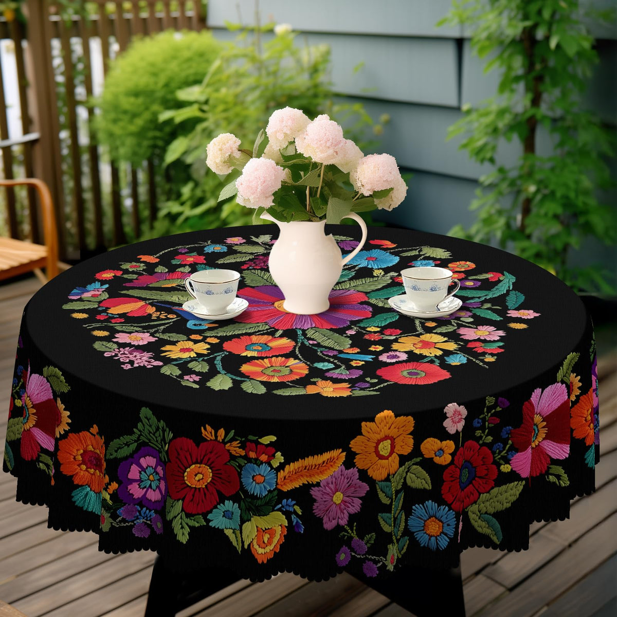Eikione 60-inch round tablecloth displayed on a dining setup for everyday use