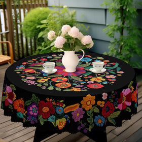 Eikione 60-inch round tablecloth displayed on a dining setup for everyday use