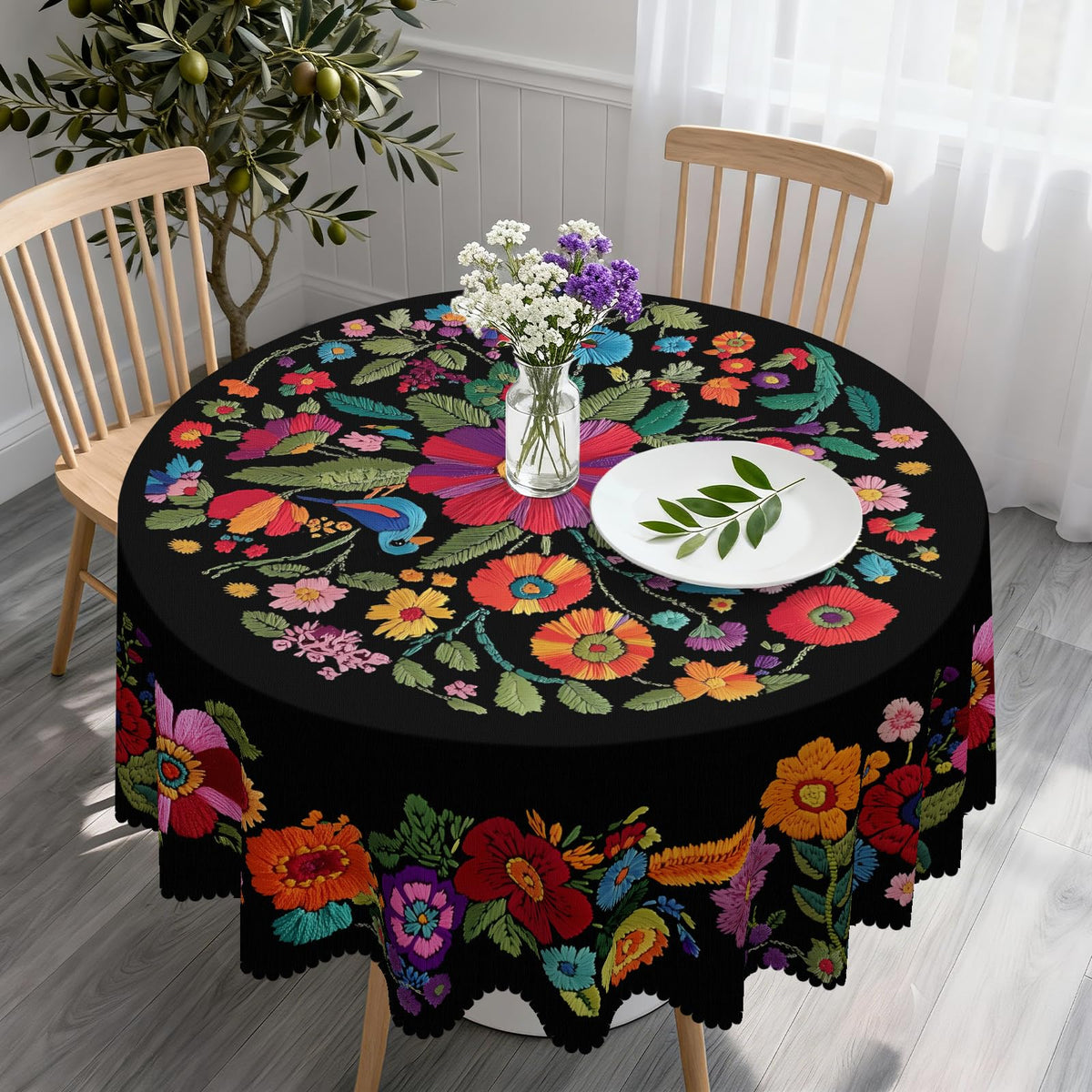 Eikione 60-inch round tablecloth top view with smooth fabric for elegant dining