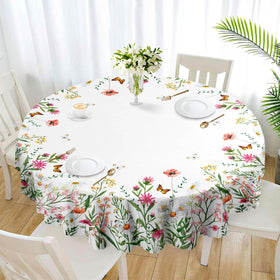 Eikione round tablecloth with floral pattern edge elevates dining tables with elegant charm.
