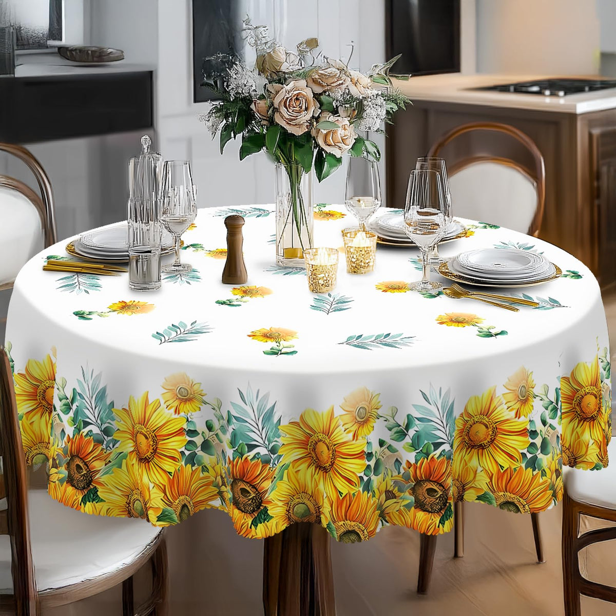 Eikione Sunflower Round Tablecloth 60in fits round tables 20–47 inches