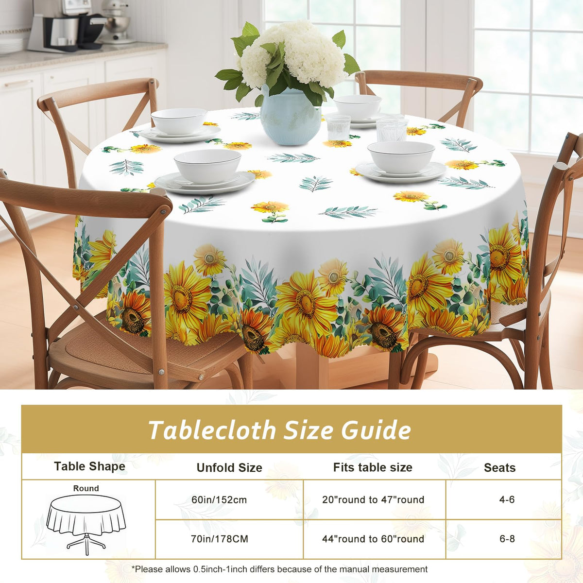 Eikione Sunflower Round Tablecloth easy wipe-clean after meals