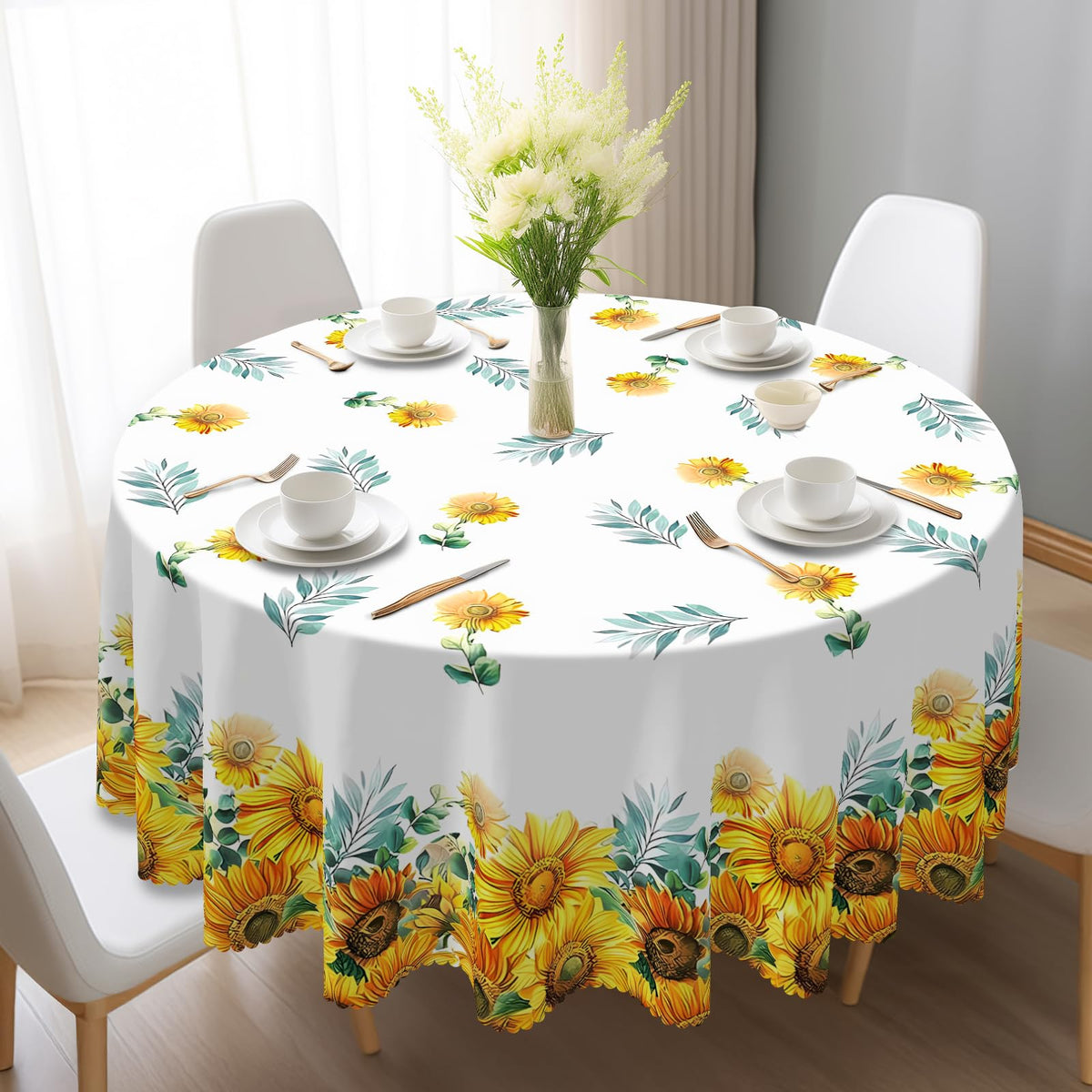 Eikione Sunflower Round Tablecloth waterproof finish protects surfaces during meals