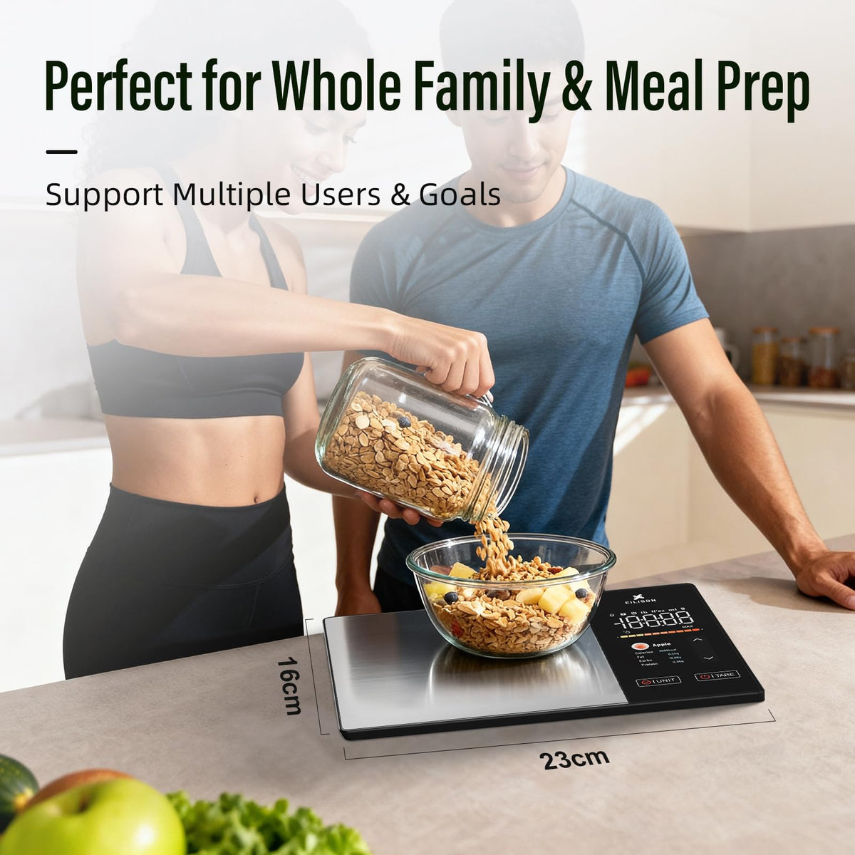EILISON Smart Kitchen Scale color display shows calories and macros during meals.