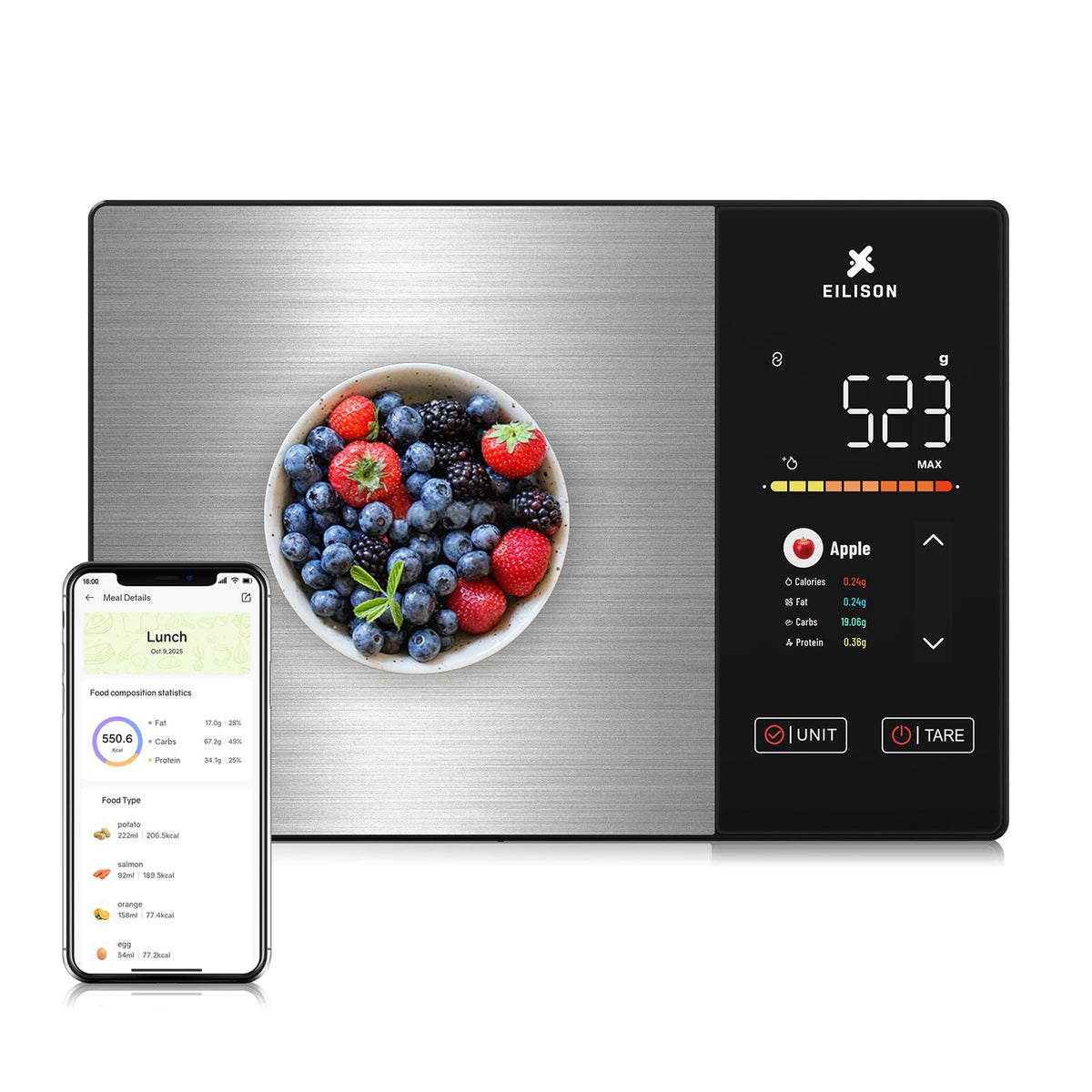 EILISON Smart Kitchen Scale front view for precise cooking measurements.