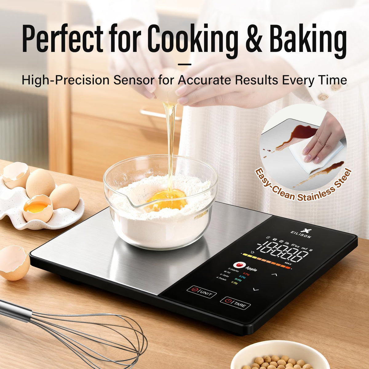 EILISON Smart Kitchen Scale nutrition analytics on display with 24 nutrients.