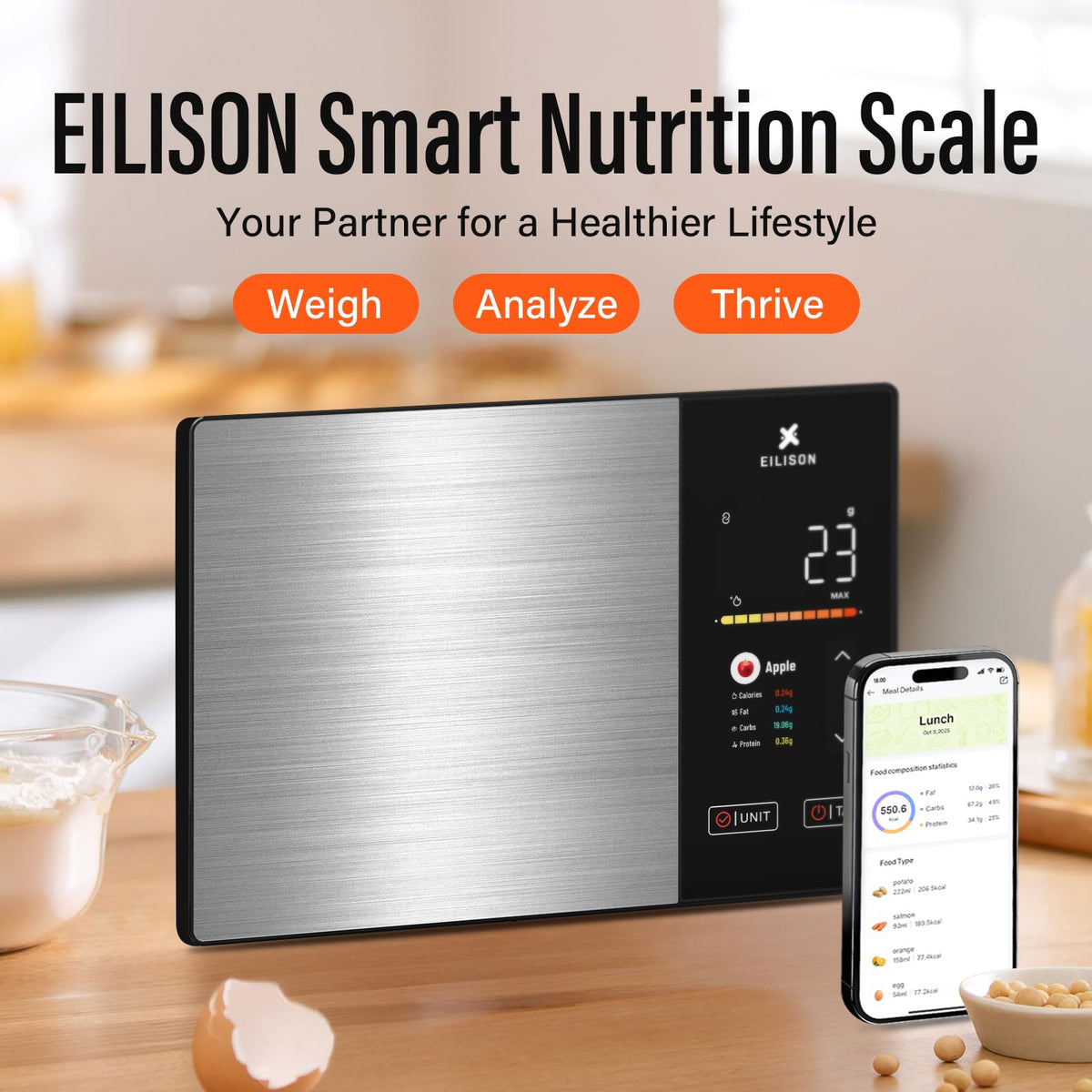 EILISON Smart Kitchen Scale TFT display close-up for quick on-screen nutrition.