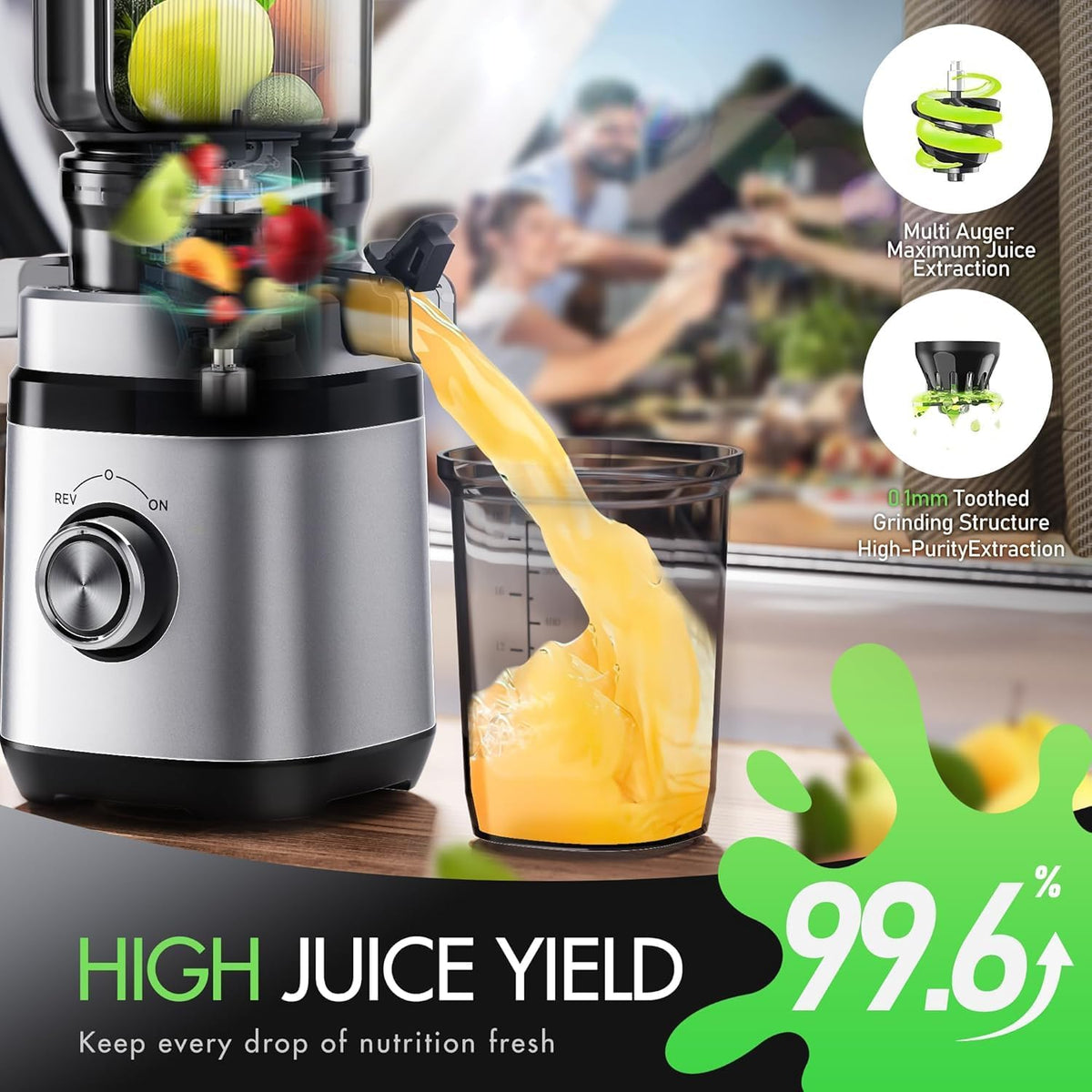 EILKOS reverse-spin feature prevents jams during juicing