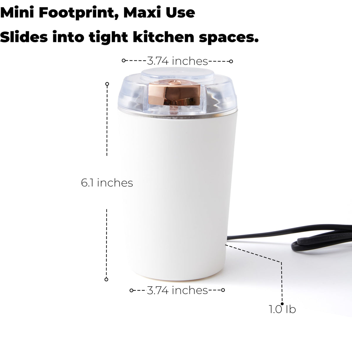 Compact design of the Eiqijci flax-seed grinder fits tight spaces in kitchens.