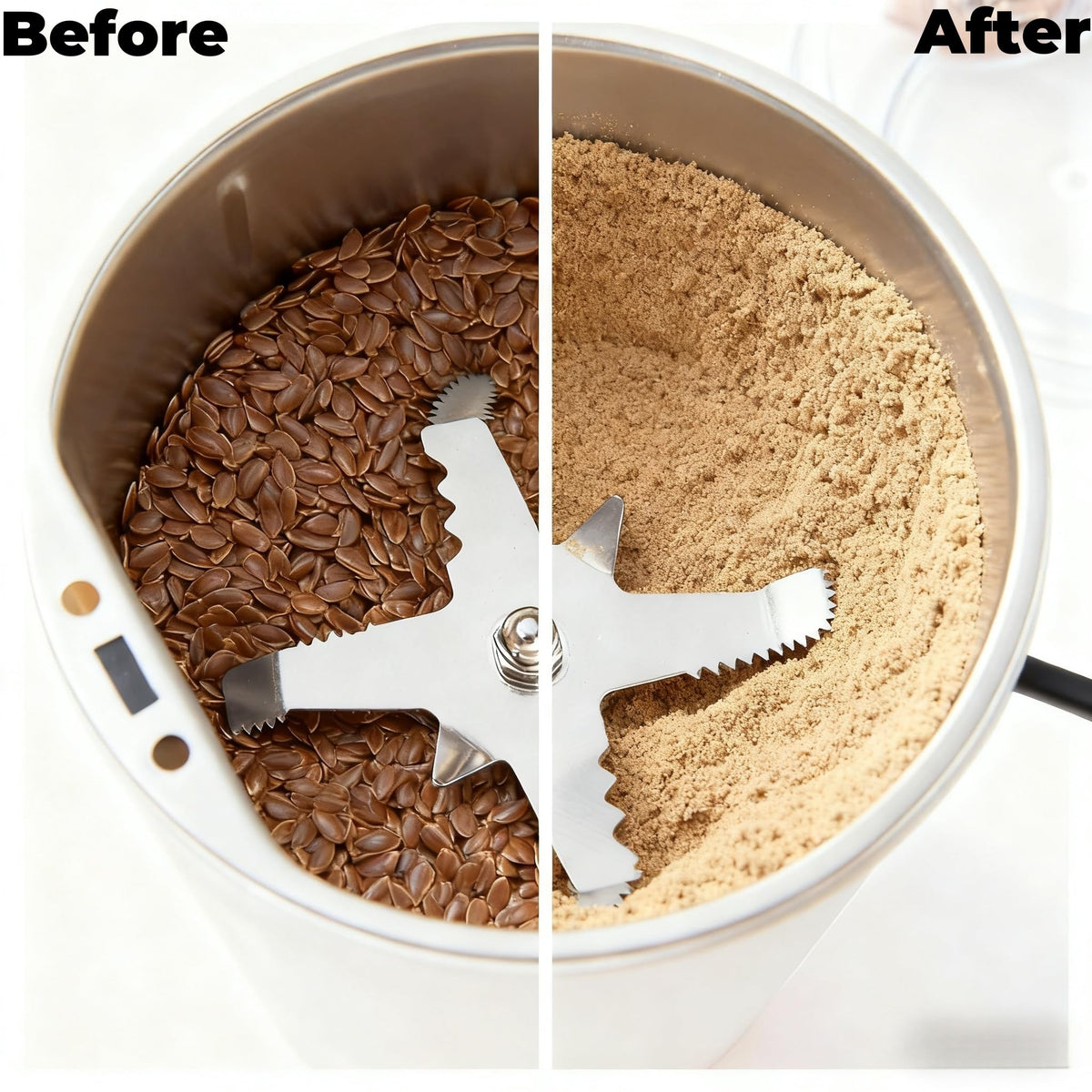 Top view of the compact Eiqijci grinder ready to grind flax seeds.