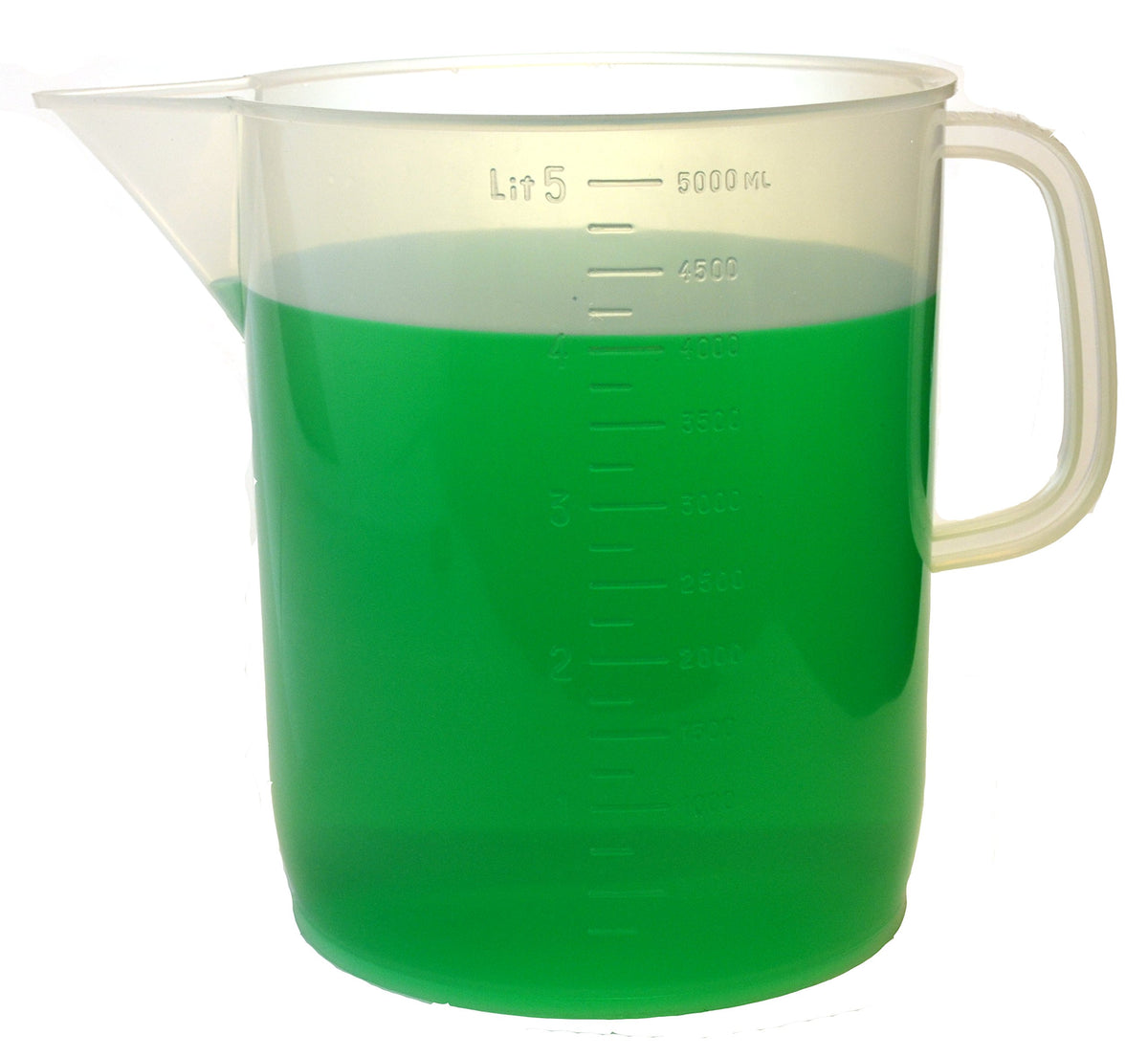 EISCO 5000ml measuring jug with tapered spout for precise pouring in labs.