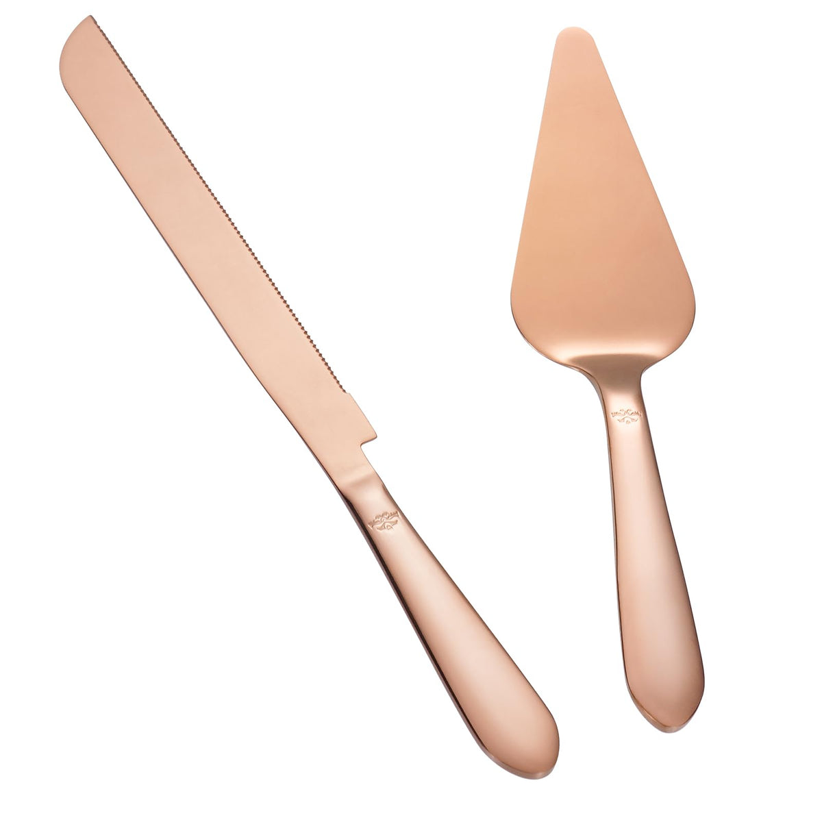 Eisinly rose-gold wedding cake knife and server set displayed for elegant wedding setup