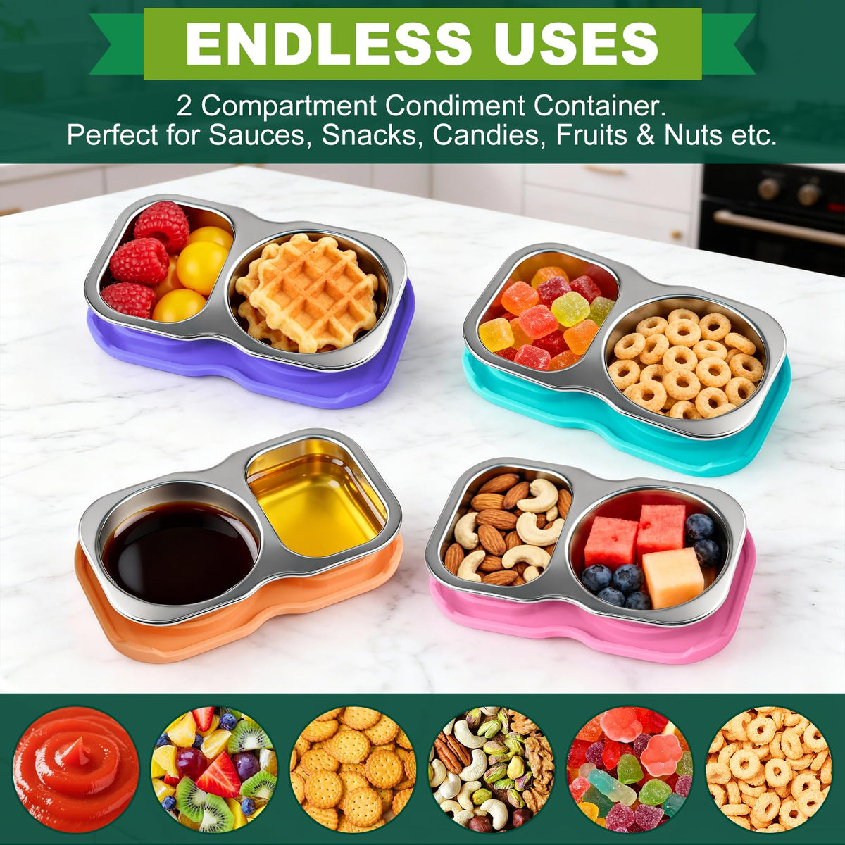 Eiyisem dual-compartment container shows 2.8oz and 2.2oz sections for separate sauces