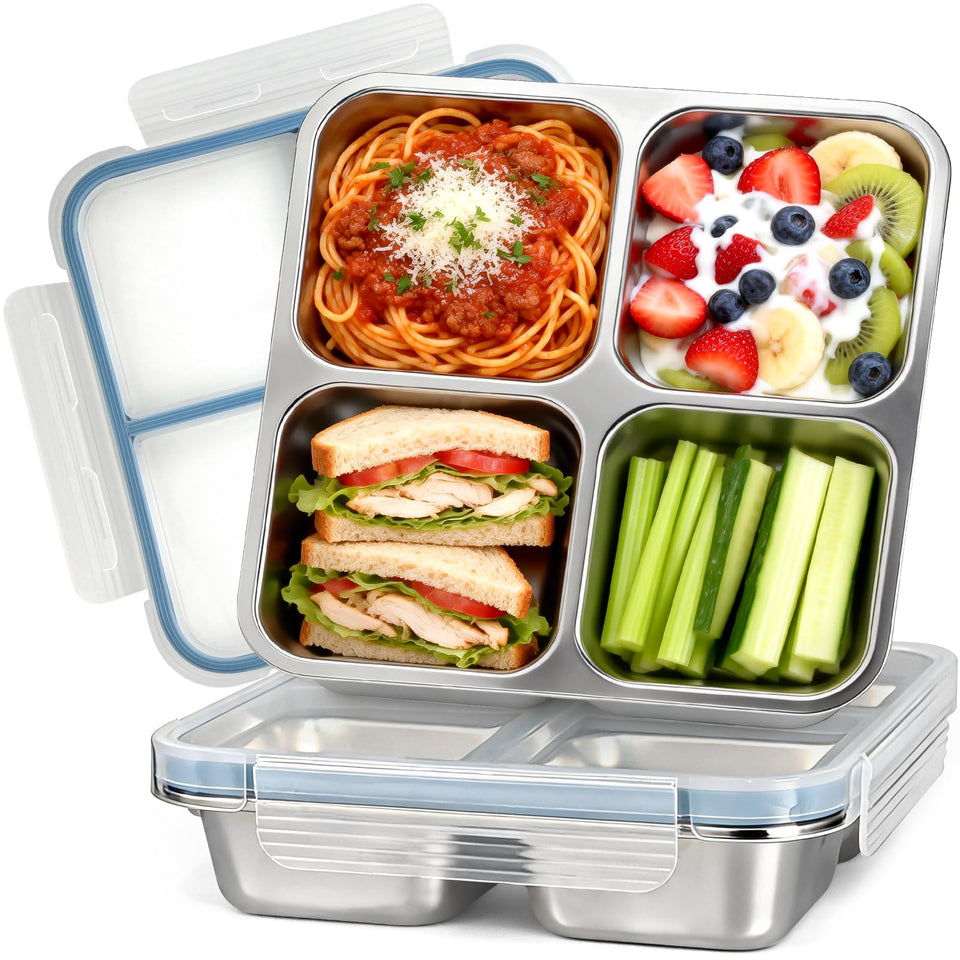 Eiyisem two-pack stainless steel snack containers for easy on-the-go lunches.