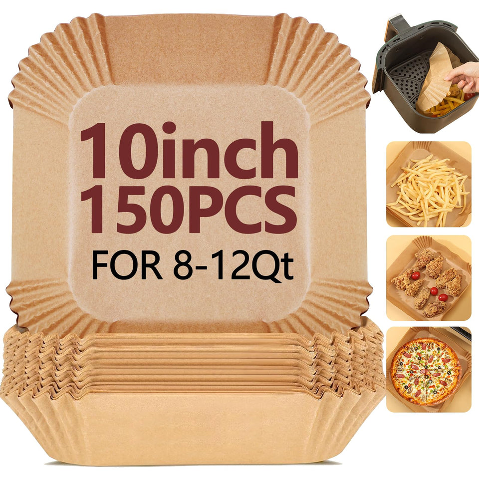 EKACO 10-inch square air fryer liner pack keeps food from sticking and eases cleanup.