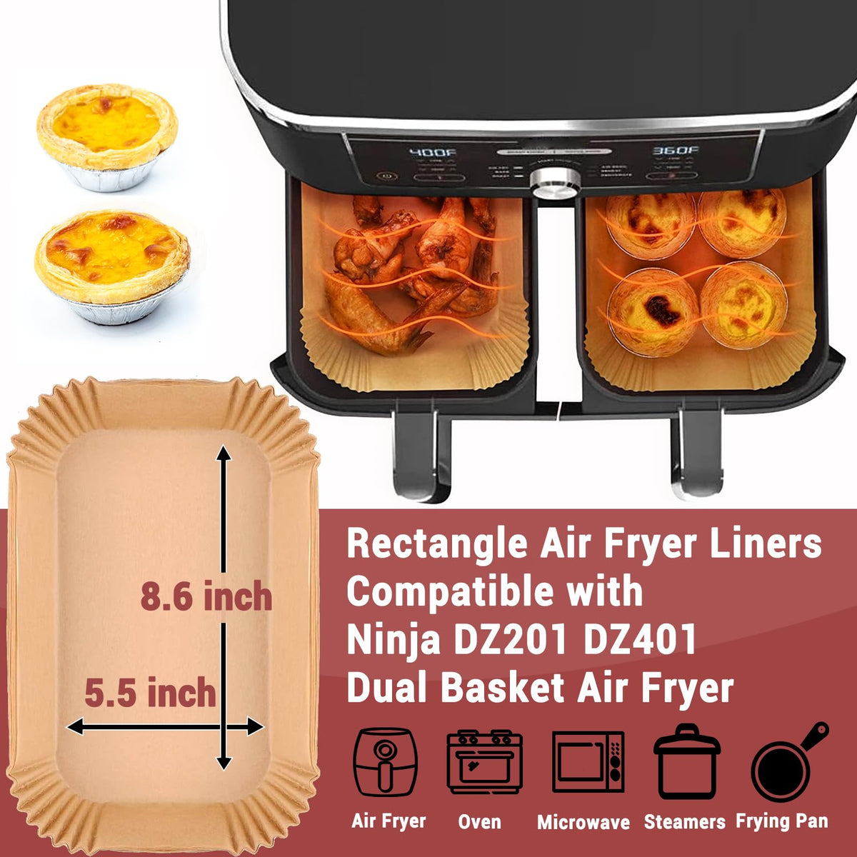 EKACO liner compatible with Ninja DZ201/DZ401 dual baskets.