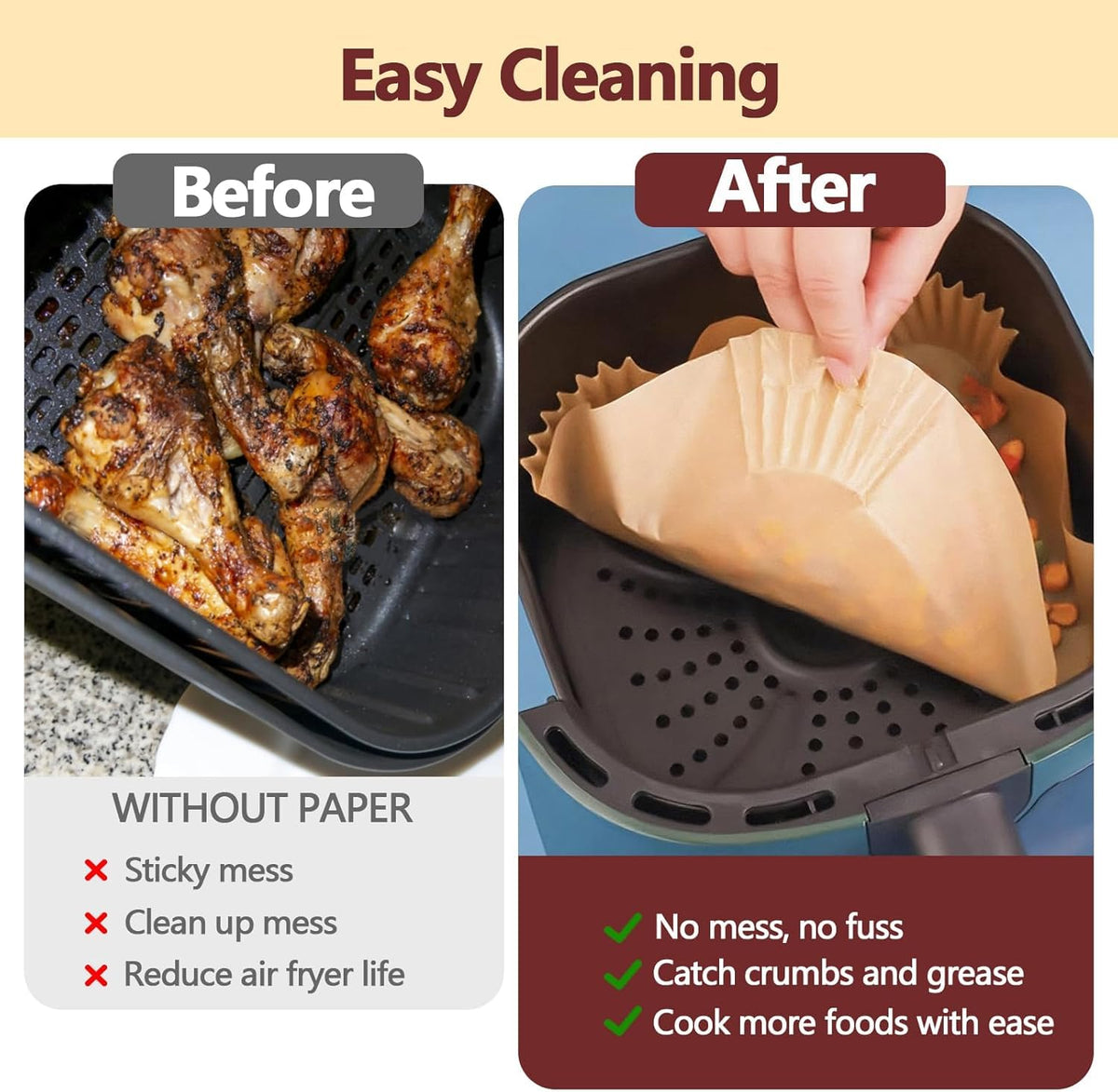 EKACO non-stick paper liner minimizes tearing and sticking while keeping baskets clean.