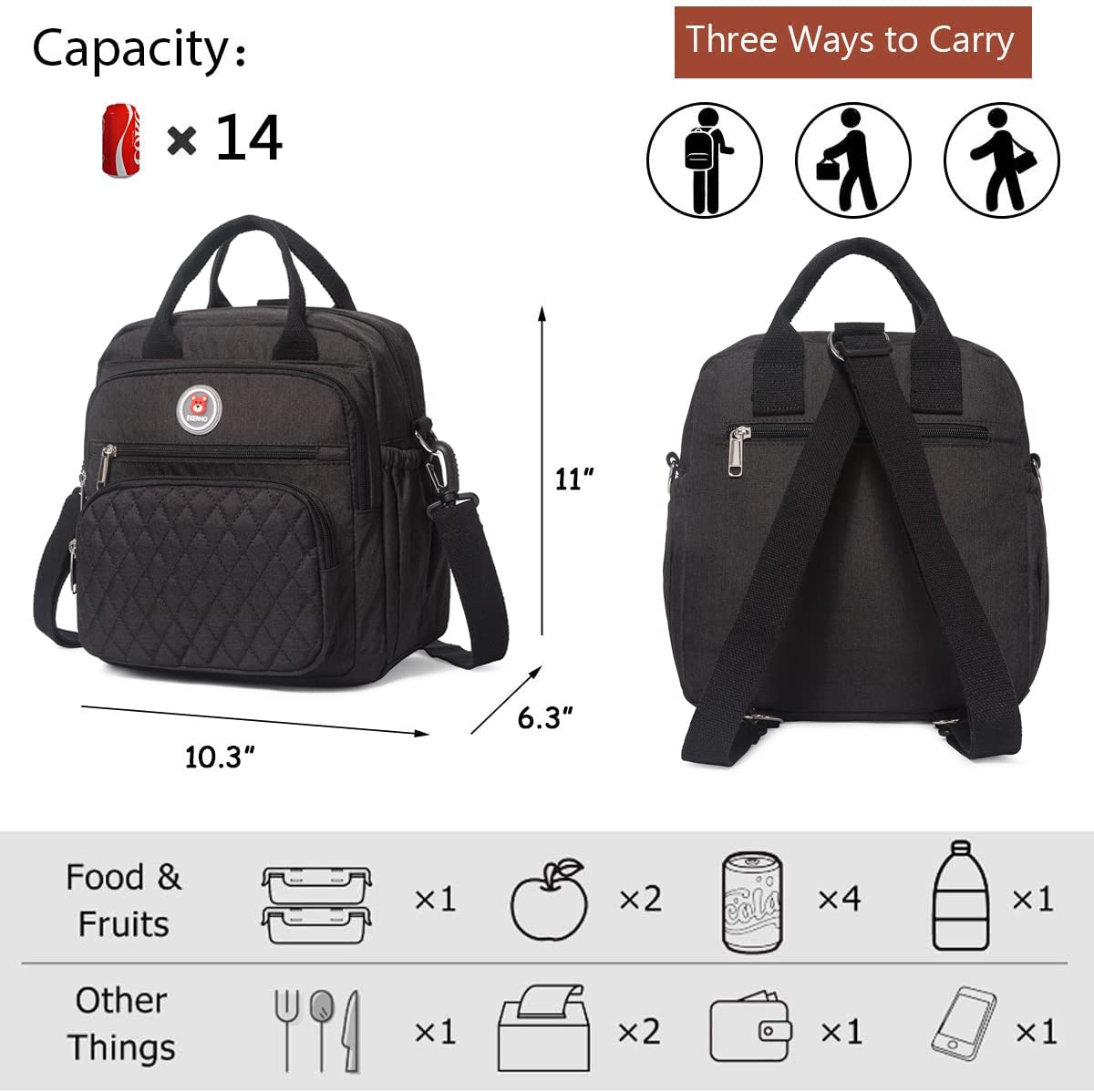 EKERHO lunch bag backpack side pocket for utensils and keys